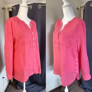 Talbots Womens Coral Pink 100% Linen Henley Tunic Roll Tab Sleeve Top Large NWT